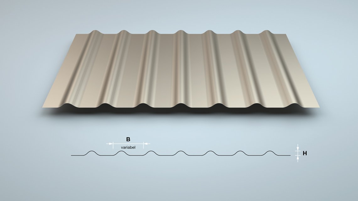SW H-R – vue générale du profil ondulé architectural - <p>Vue d’ensemble de la tôle ondulée SW H-R avec schéma de principe indiquant la largeur de pas variable et la hauteur d’onde.</p>