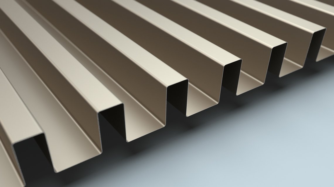 Tôle ondulée SQ 40-20 – Perspective habillage métallique - <p>Vue en perspective du profil SQ 40-20 illustrant l’effet linéaire et la dynamique du panneau métallique. Solution idéale pour façades, murs décoratifs et aménagements design.</p>